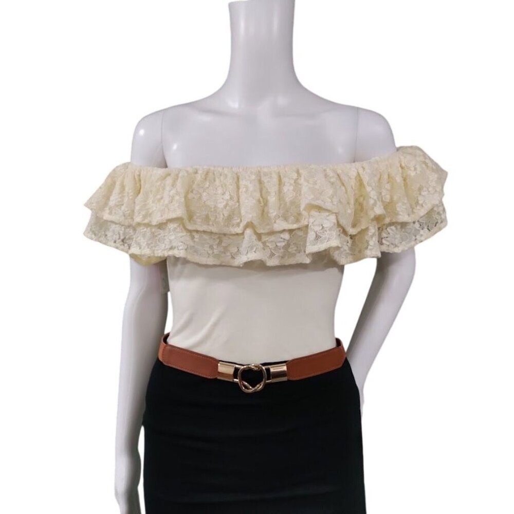 Coco + Jaimeson OffShoulder Lace Ruffle Cream Bodysuit Boho Festive Whimsy Small - Picture 1 of 11